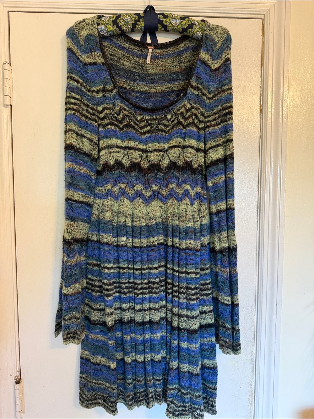 Free People Blue & Green Striped Scoop Neck Sweater Dress